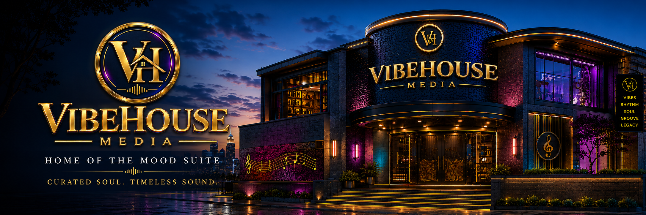 VibeHouse Media headquarters at blue hour, home of The Mood Suite